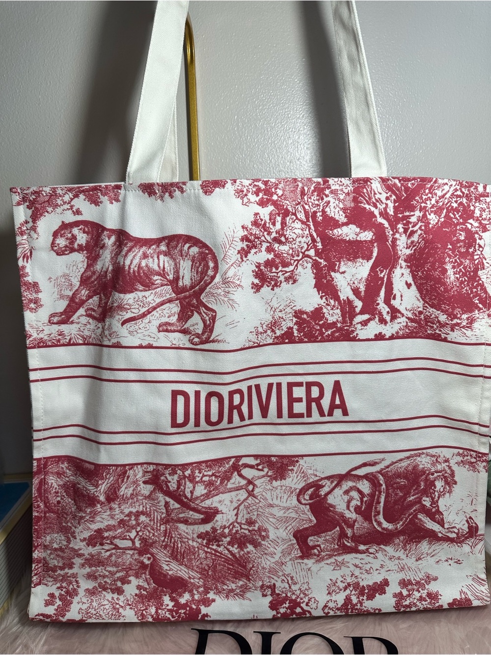 DiorRiviera Red and White Canvas Tote